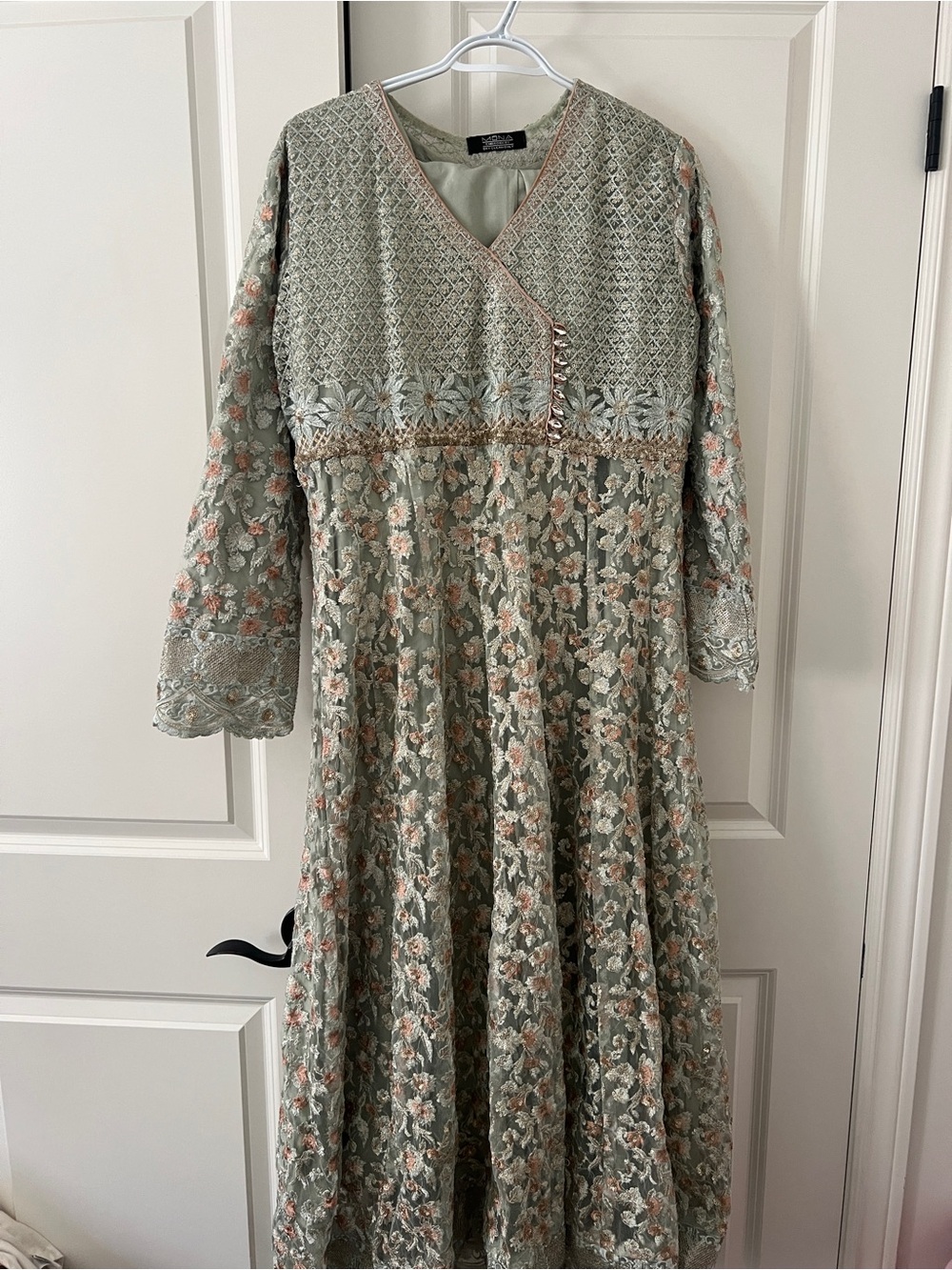 Embroidered Sage Green Floral Maxi Anarkali Dress